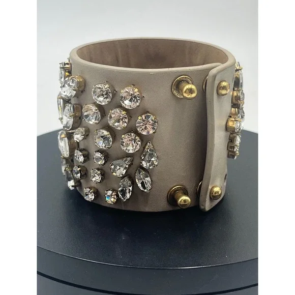 J. Crew Beige Leather Floral Rhinestone Statement Cuff Bracelet - Picture 7 of 11